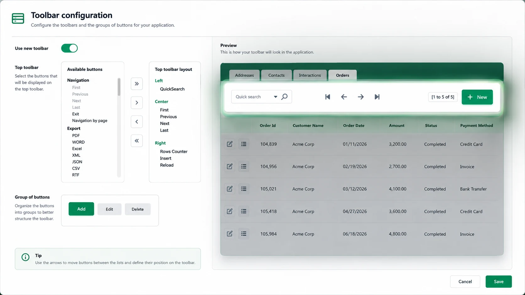 The Toolbar configuration screen with the new toolbar enabled, and a preview of the nested grid tabs carrying their own toolbar
